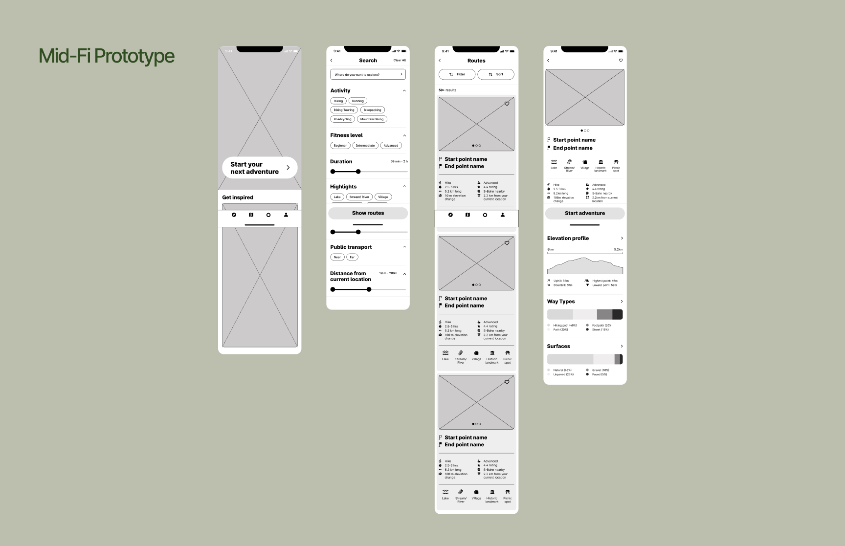 Komoot: Mid-fi wireframes